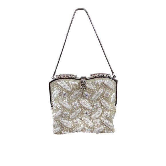 Vintage White Ivory Beads Clasp Closure Metal Handle Evening Clutch Sz S - Picture 1 of 10